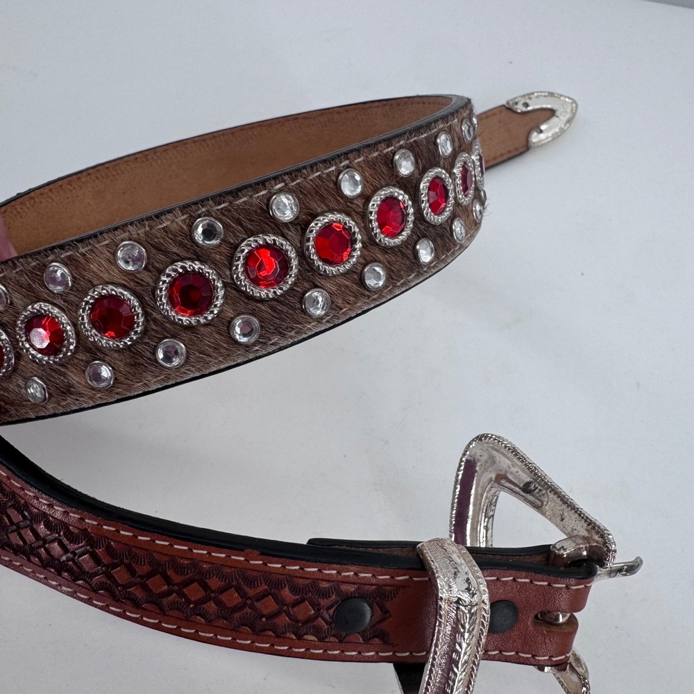 Western Rhinestone Belt Brown Leather Red Crystal Embellished Rodeo Boho Sz 32 - Picture 6 of 12
